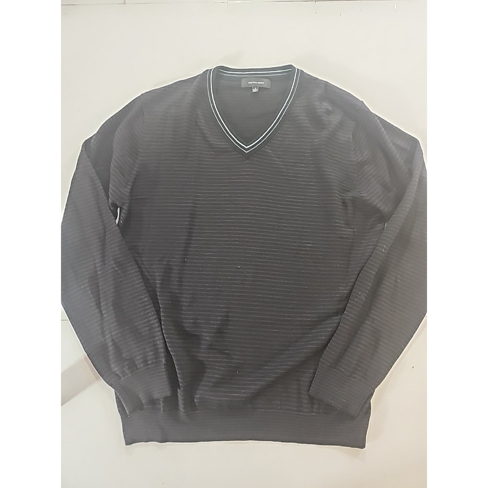 Saks Fifth Avenue Men's L V-Neck Sweater‎ Merino Wool Blend Striped Black Purple